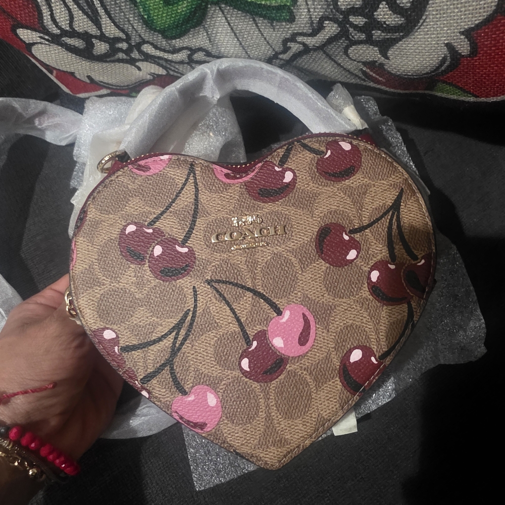 Coach Heart-Shaped Bag with Cherry Print - Brown and Pink